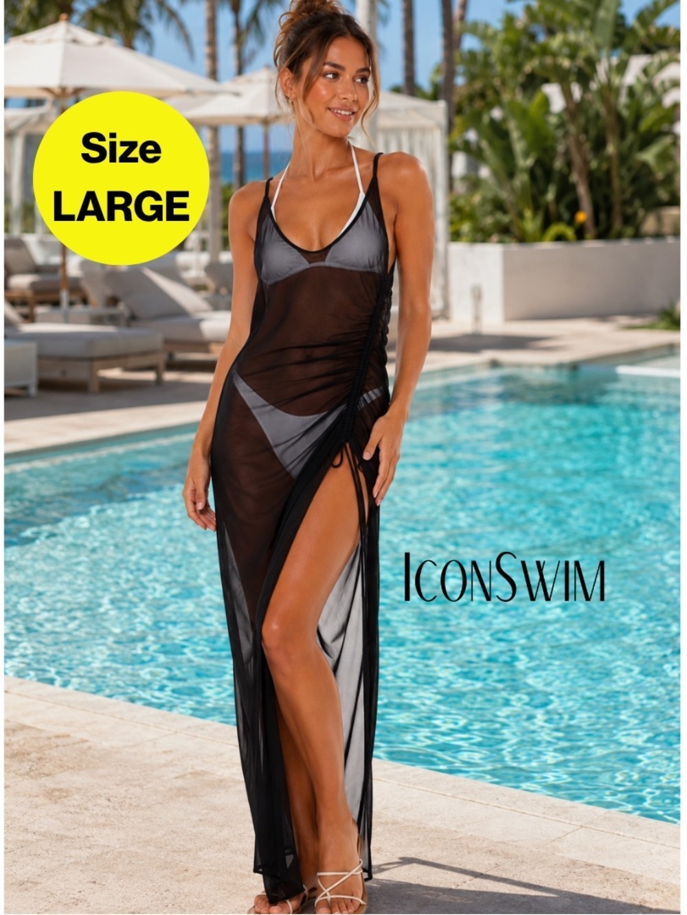 2/for $20 🪩 ICONIC SWIM Black Halter Swim Coverup Maxi Dress (Women’s Large)